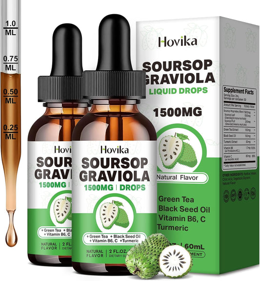 Soursop Graviola Liquid Drops 1500mg with Green Tea, Black Seed Oil, Turmeric, Vitamin C - Cell Support & Immune Booster for Antioxidant Benefits - Natural Flavor, 4 Fl Oz