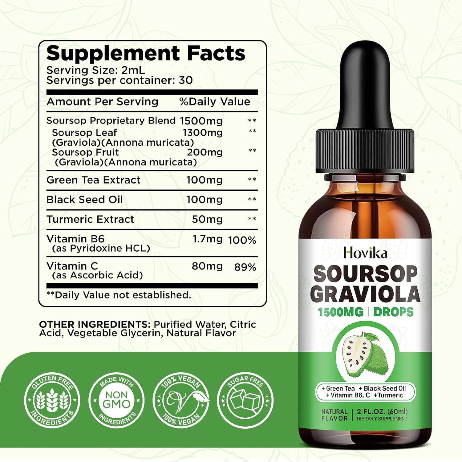 Soursop Graviola Liquid Drops 1500mg with Green Tea, Black Seed Oil, Turmeric, Vitamin C - Cell Support & Immune Booster for Antioxidant Benefits - Natural Flavor, 4 Fl Oz
