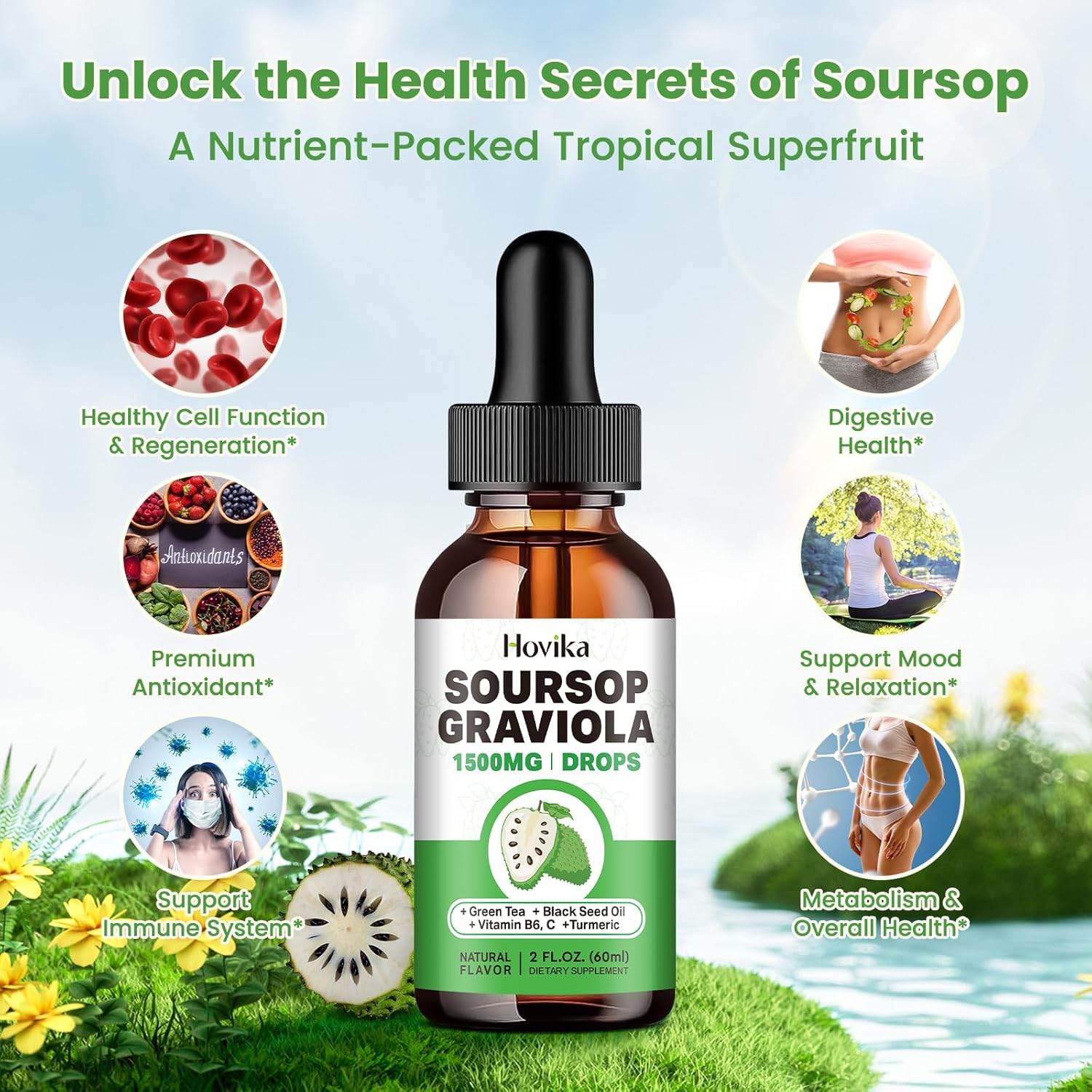 Soursop Graviola Liquid Drops 1500mg with Green Tea, Black Seed Oil, Turmeric, Vitamin C - Cell Support & Immune Booster for Antioxidant Benefits - Natural Flavor, 4 Fl Oz