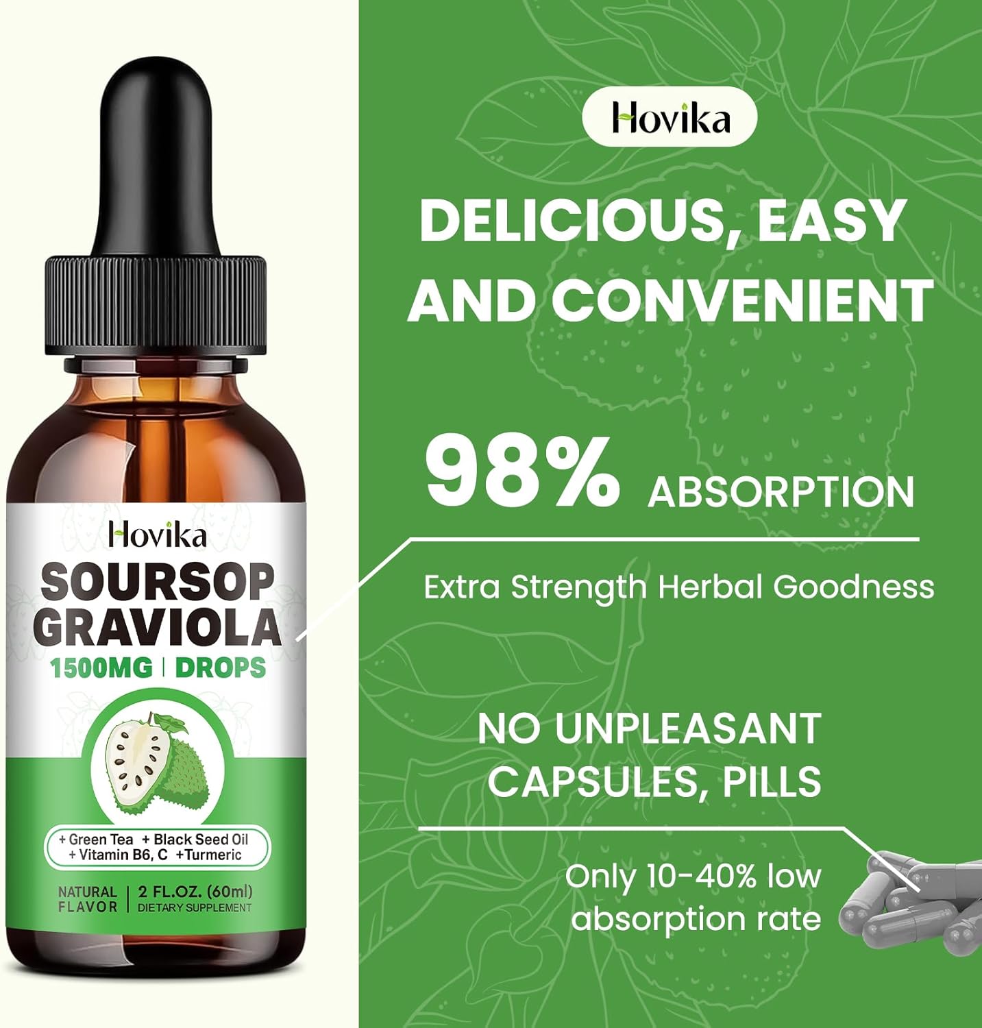 Soursop Graviola Liquid Drops 1500mg with Green Tea, Black Seed Oil, Turmeric, Vitamin C - Cell Support & Immune Booster for Antioxidant Benefits - Natural Flavor, 4 Fl Oz