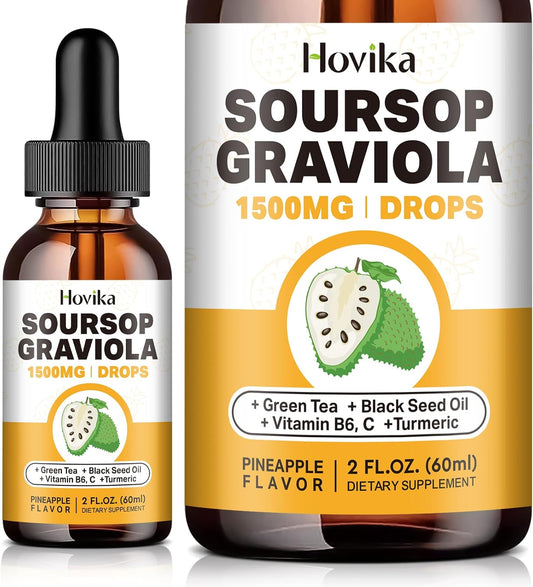 Soursop Graviola Liquid Drops with Green Tea, Black Seed Oil, and Turmeric - 1500mg Antioxidant Support for Immune System - Natural Pineapple Flavor - 2 Fl Oz
