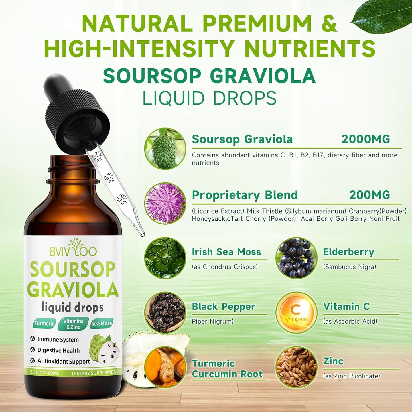 Soursop Graviola Liquid Drops with Sea Moss & Elderberry - 2000mg Pure Extract - Cell Support, Antioxidant, Immune Boost - 2 Fl Oz Bottle - BoostGo Australia