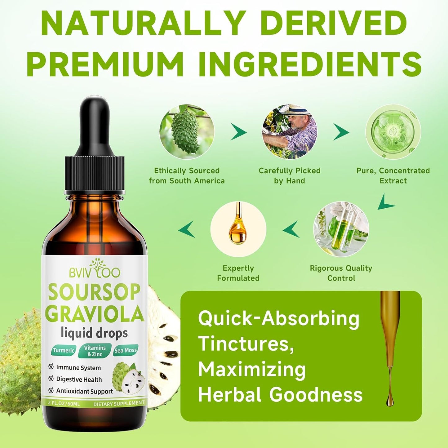Soursop Graviola Liquid Drops with Sea Moss & Elderberry - 2000mg Pure Extract - Cell Support, Antioxidant, Immune Boost - 2 Fl Oz Bottle - BoostGo Australia