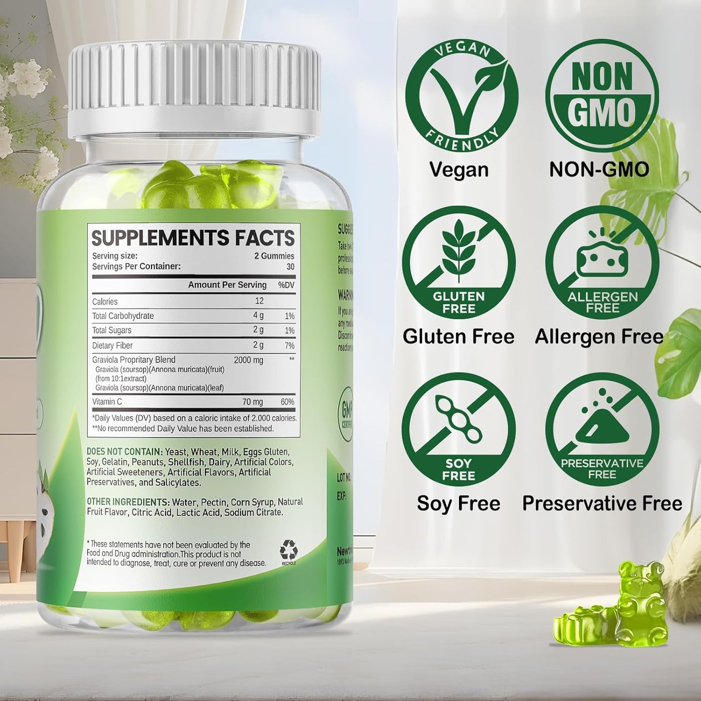 Soursop Gummies 2000MG with Soursop Leaf & Fruit Extract - Immune Support, Antioxidant, Digestive Aid - Vegan - 60 Count