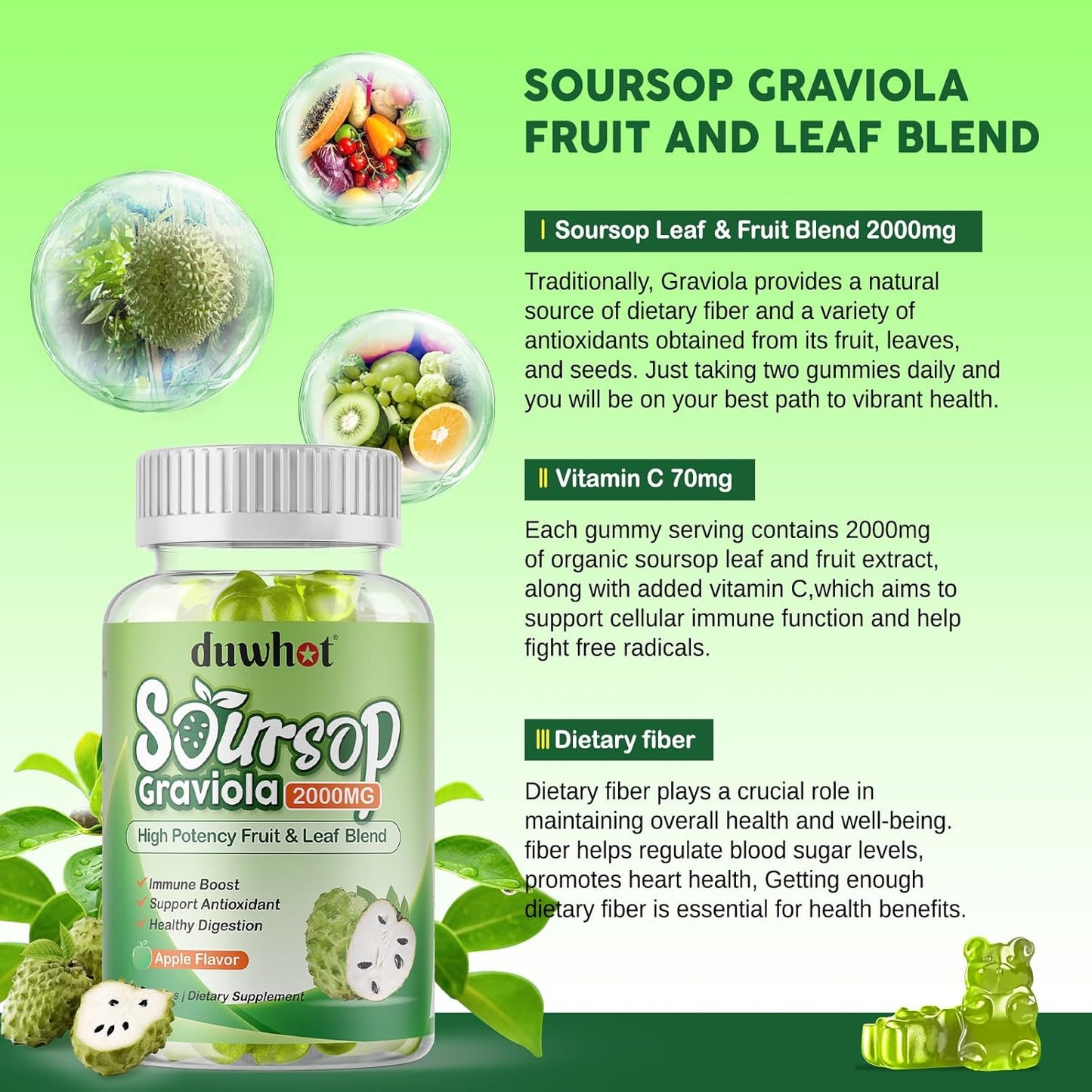 Soursop Gummies 2000MG with Soursop Leaf & Fruit Extract - Immune Support, Antioxidant, Digestive Aid - Vegan - 60 Count