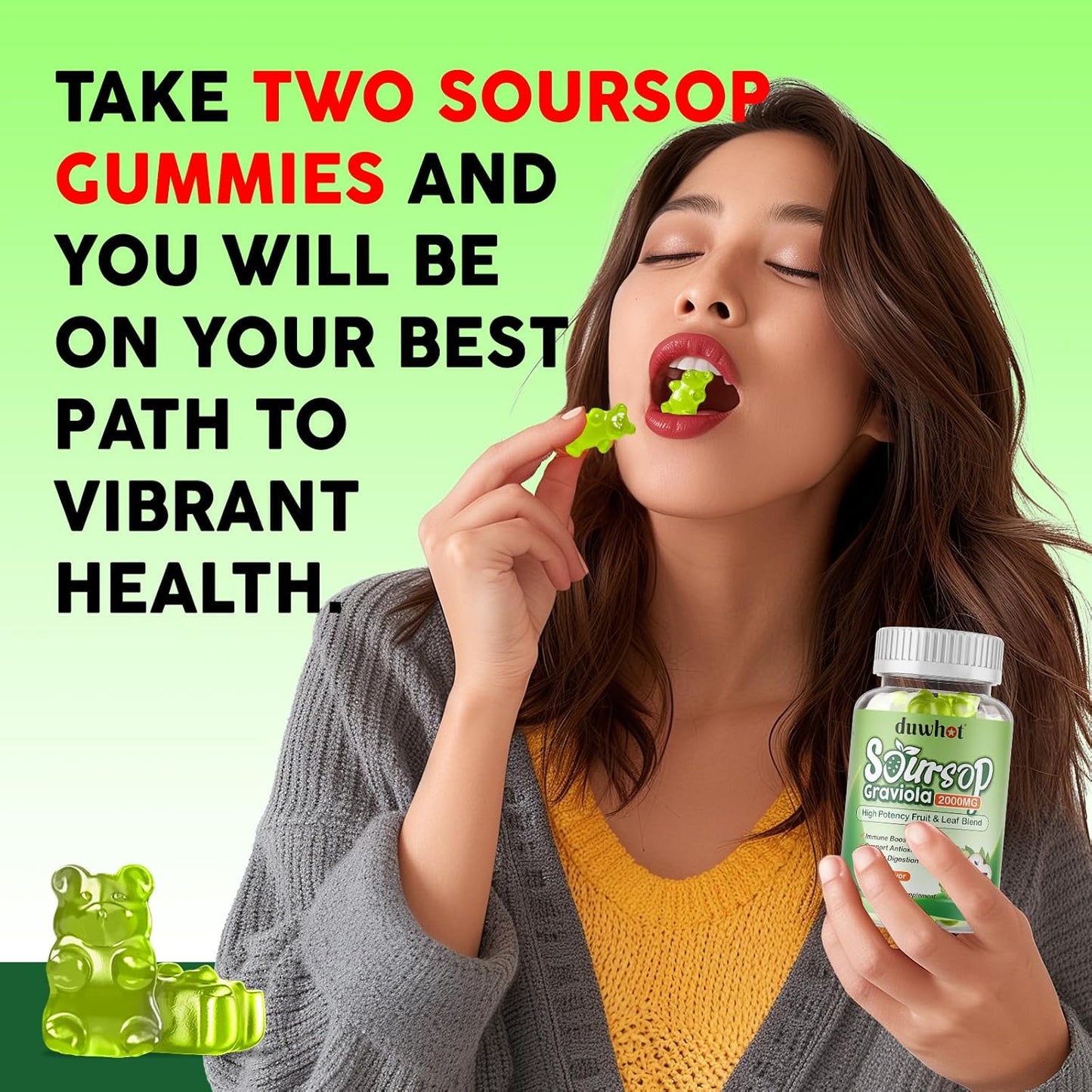 Soursop Gummies 2000MG with Soursop Leaf & Fruit Extract - Immune Support, Antioxidant, Digestive Aid - Vegan - 60 Count