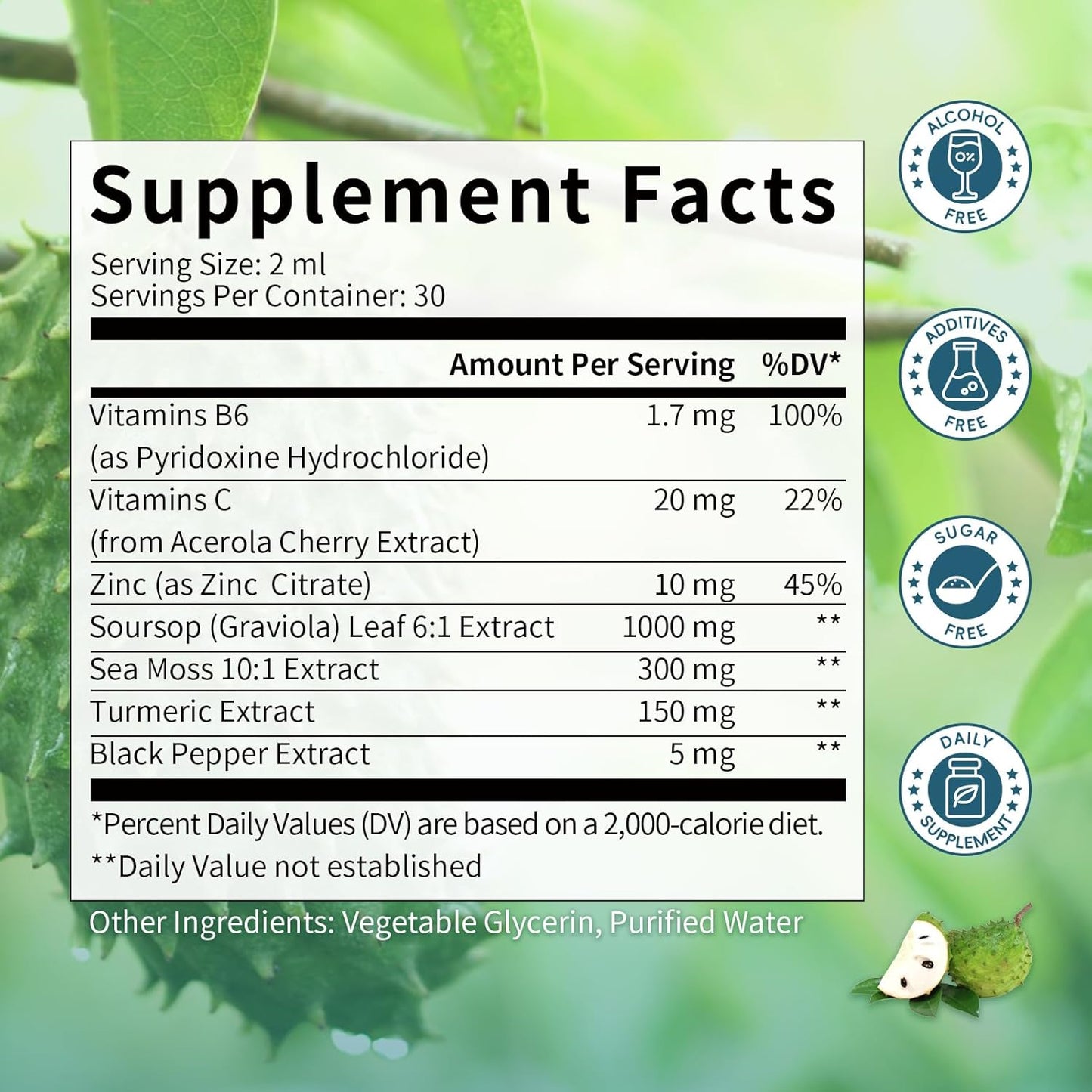 Soursop Liquid Drops with Sea Moss, Turmeric, and Soursop Leaves Extract for Immune Support and Relaxation, 2 Fl Oz