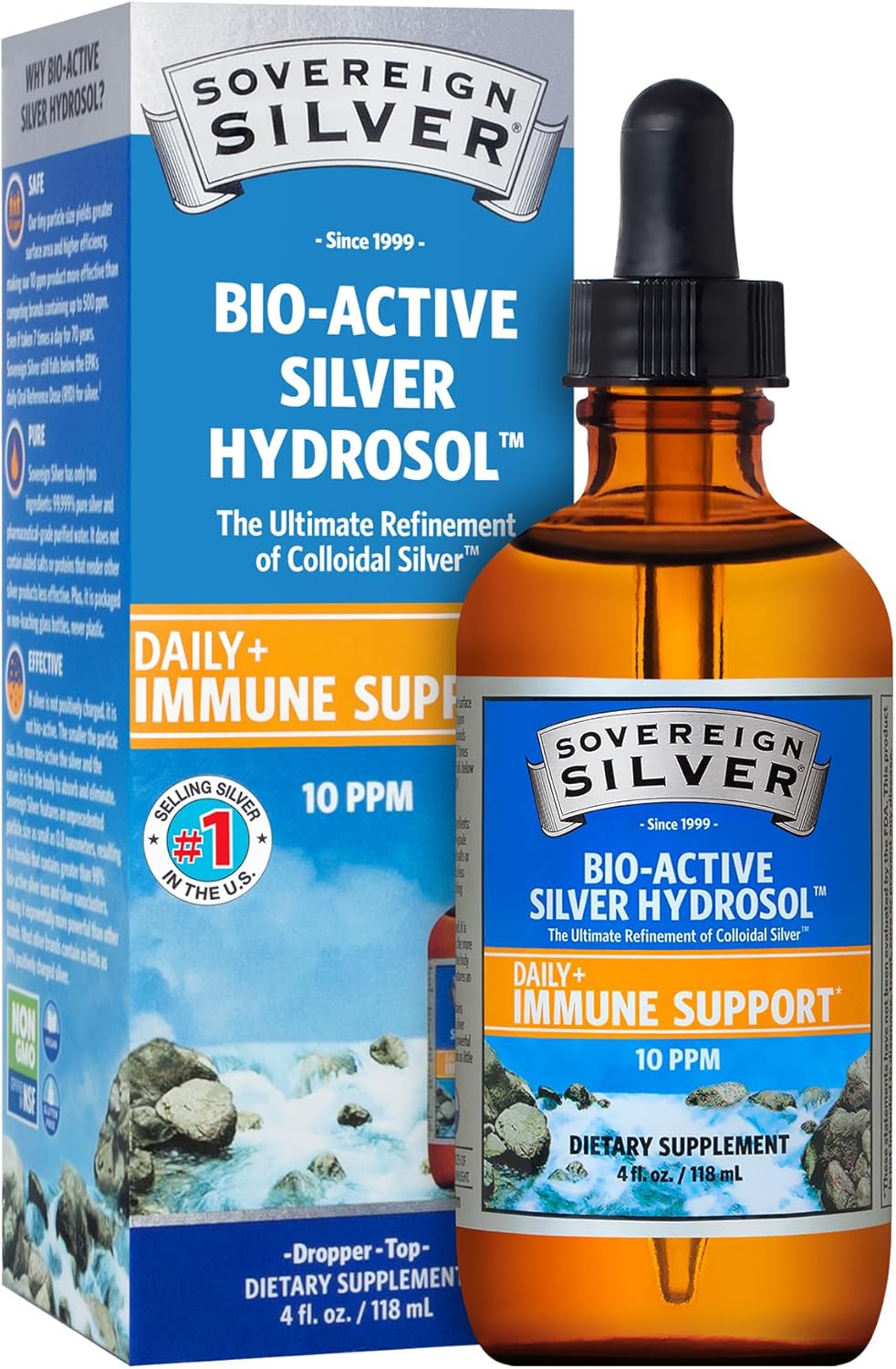 Sovereign Silver Bio-Active Colloidal Silver Hydrosol Drops, Immune Support, 10 ppm, 4oz