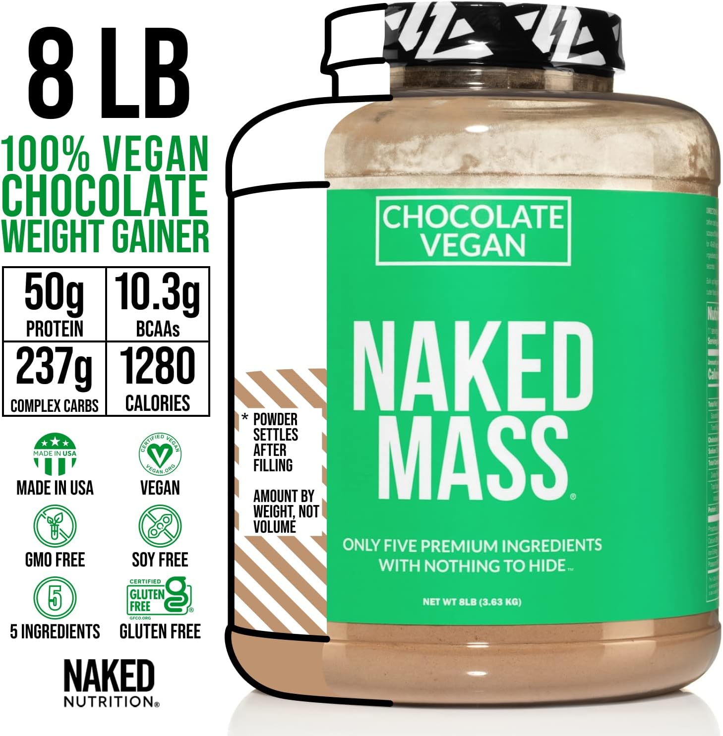Soy-Free Chocolate Vegan Protein Bundle: 8LB Naked Mass Protein and Naked Creatine
