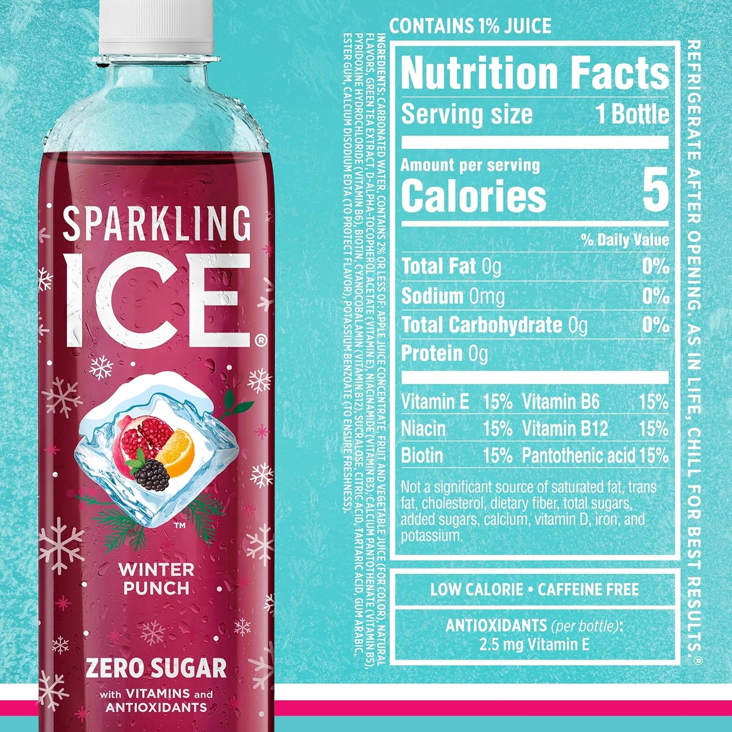 Sparkling Ice Winter Variety Pack - 12 Count, 17 fl oz - Flavored Sparkling Water with Zero Sugar, Vitamins, and Antioxidants - Cranberry Frost, Winter Punch, Apple Cider, Ginger Lime