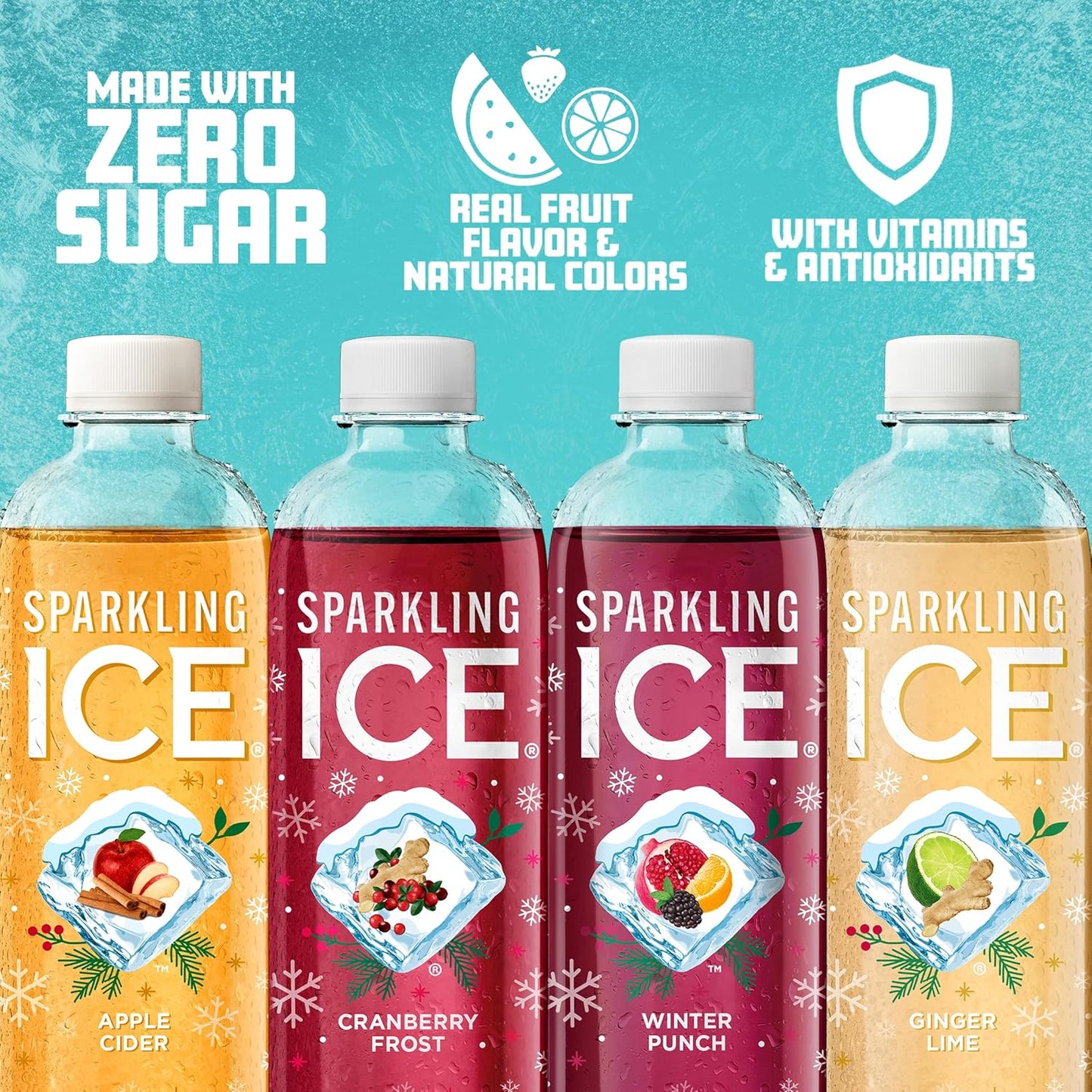 Sparkling Ice Winter Variety Pack - 12 Count, 17 fl oz - Flavored Sparkling Water with Zero Sugar, Vitamins, and Antioxidants - Cranberry Frost, Winter Punch, Apple Cider, Ginger Lime