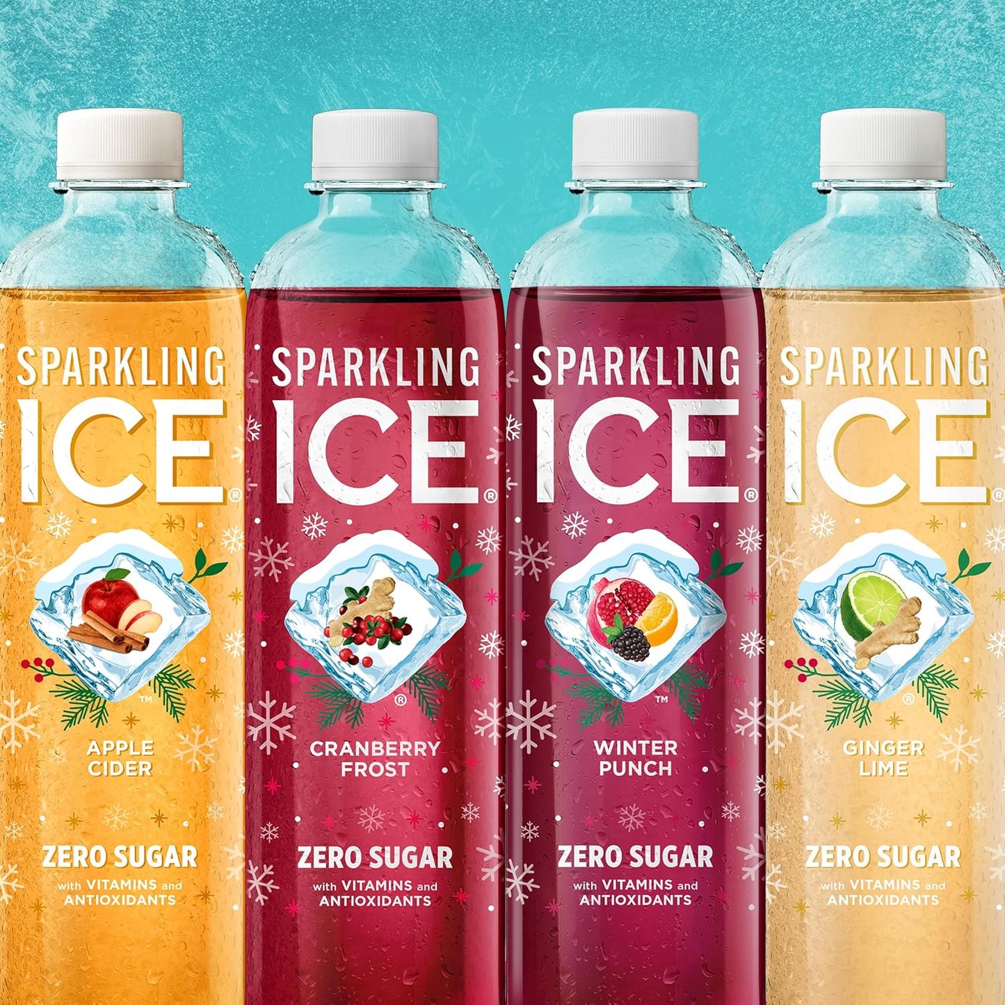 Sparkling Ice Winter Variety Pack - 12 Count, 17 fl oz - Flavored Sparkling Water with Zero Sugar, Vitamins, and Antioxidants - Cranberry Frost, Winter Punch, Apple Cider, Ginger Lime