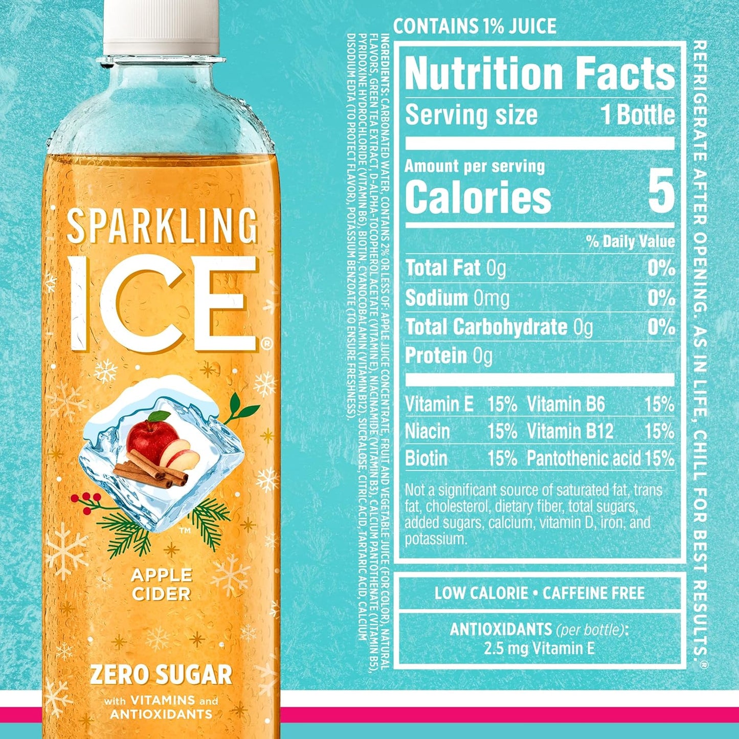 Sparkling Ice Winter Variety Pack - 12 Count, 17 fl oz - Flavored Sparkling Water with Zero Sugar, Vitamins, and Antioxidants - Cranberry Frost, Winter Punch, Apple Cider, Ginger Lime