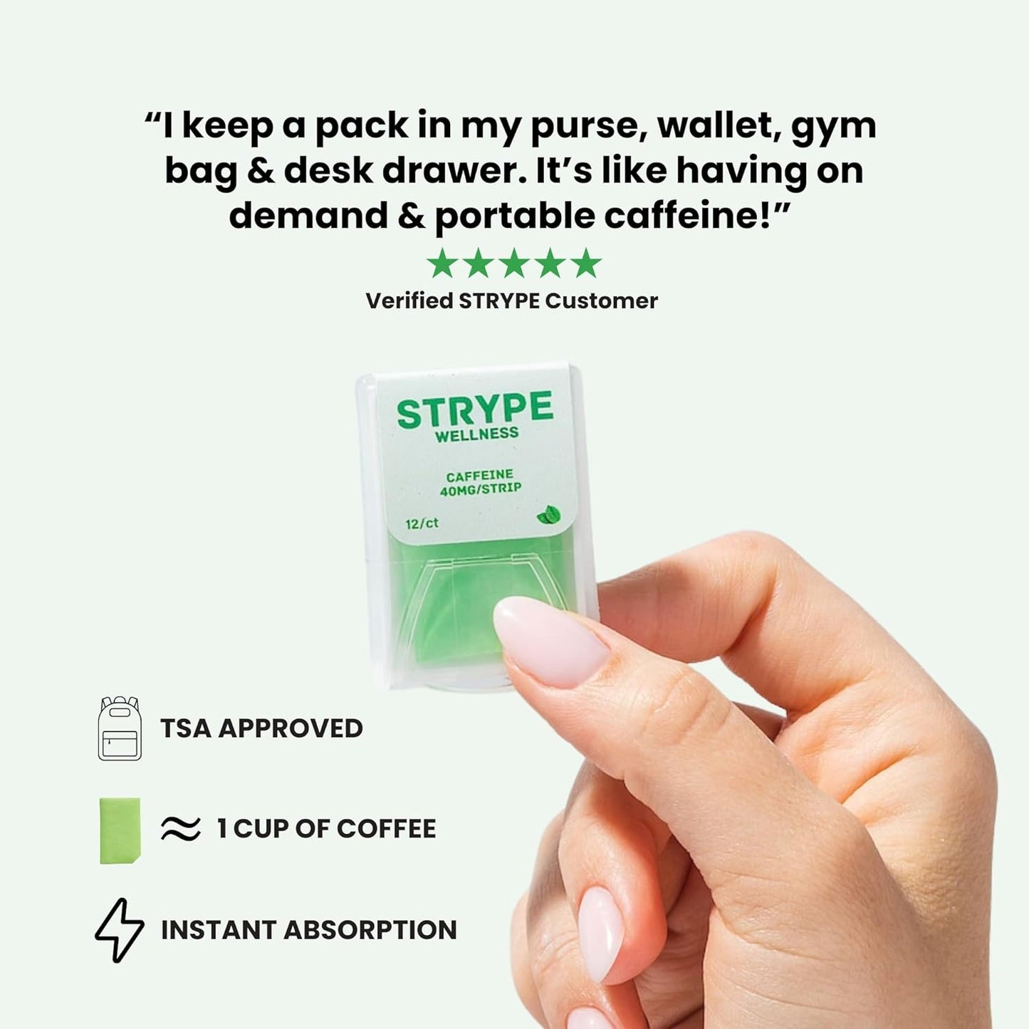 Spearmint Flavored STRYPE Energy Strips with 80mg Caffeine | Portable Caffeine + Breath Strips | Zero Calories & Sugar | 12 Strips