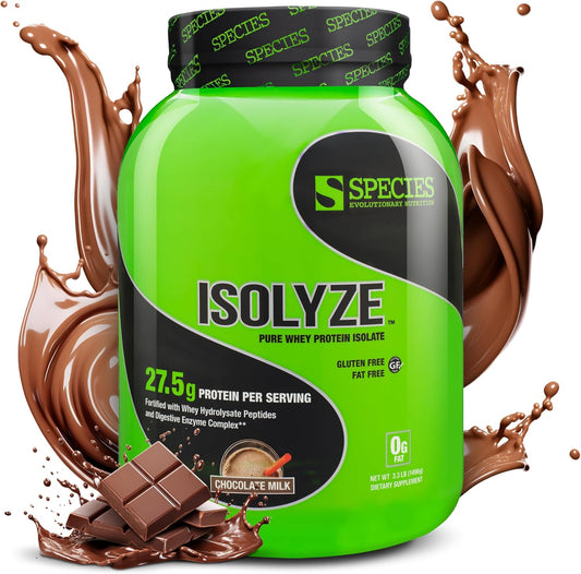 Species Nutrition Isolyze Whey Protein Powder - Chocolate Milk Flavor - 100% Whey Isolate for Muscle Building - 27.5g Protein Per Scoop - No Sugar, Low Fat - 44 Servings