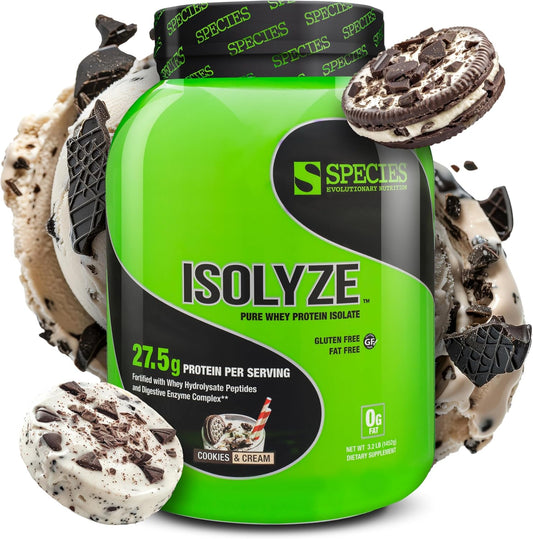 Species Nutrition Isolyze Whey Protein Powder - Cookies & Cream Flavor, 100% Whey Isolate Protein with 27.5g Protein Per Scoop, Ideal for Muscle Building and Low Sugar Diet, 44 Servings