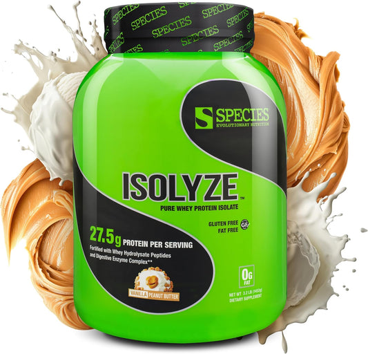 Species Nutrition Isolyze Whey Protein Powder - Vanilla Peanut Butter Flavor, 27.5g Protein Per Serving, No Sugar, Low Fat, 100% Whey Isolate - 44 Servings