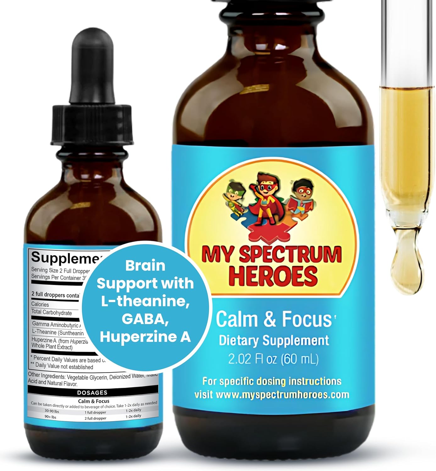 Spectrum Heroes Calm & Focus Supplement Drops with L-theanine, GABA, Huperzine A - Enhance Focus for Kids and Adults - Boost Concentration - 2.02 FL oz.
