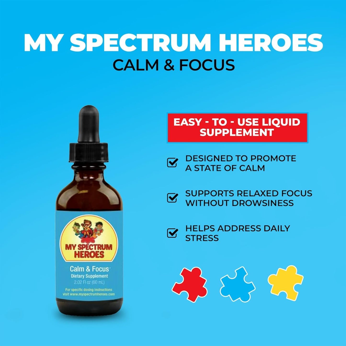 Spectrum Heroes Calm & Focus Supplement Drops with L-theanine, GABA, Huperzine A - Enhance Focus for Kids and Adults - Boost Concentration - 2.02 FL oz.