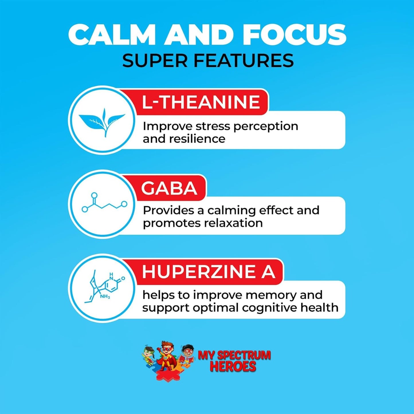 Spectrum Heroes Calm & Focus Supplement Drops with L-theanine, GABA, Huperzine A - Enhance Focus for Kids and Adults - Boost Concentration - 2.02 FL oz.