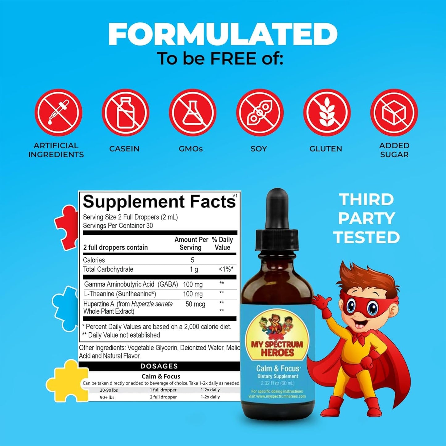 Spectrum Heroes Calm & Focus Supplement Drops with L-theanine, GABA, Huperzine A - Enhance Focus for Kids and Adults - Boost Concentration - 2.02 FL oz.
