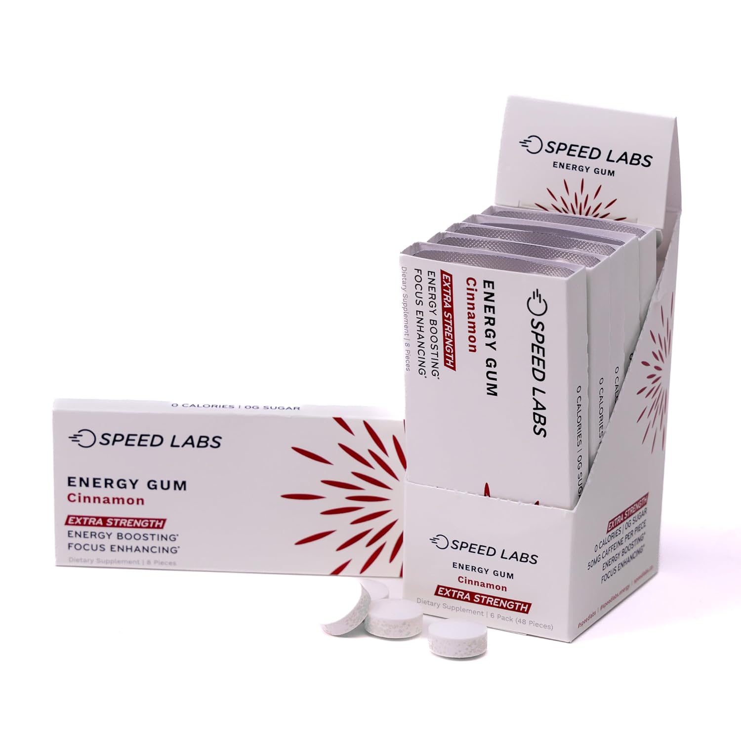 Speed Labs Cinnamon Extra Strength Caffeine Chewing Gum - 50mg Caffeine, Taurine, B Vitamins - Sugar Free, Zero Calorie - 48 Pieces