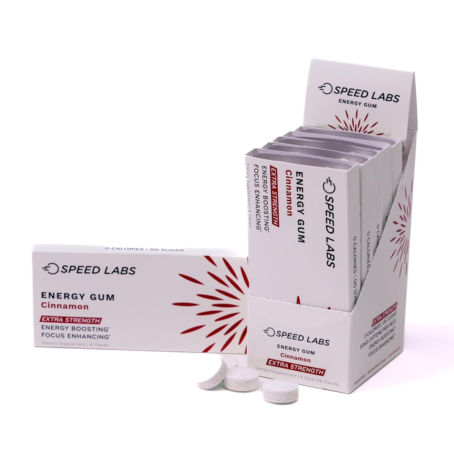 Speed Labs Cinnamon Extra Strength Caffeine Chewing Gum - 50mg Caffeine, Taurine, B Vitamins - Sugar Free, Zero Calorie - 48 Pieces