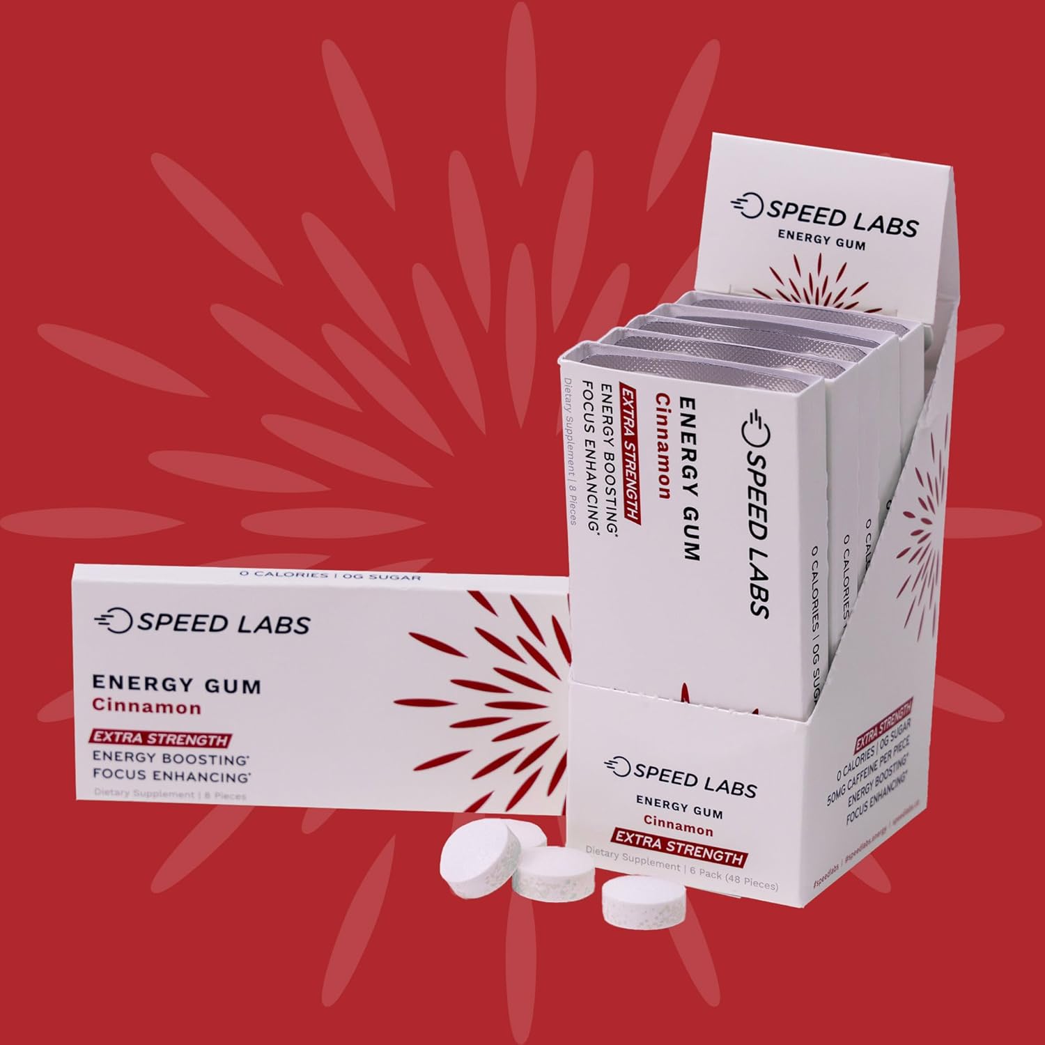 Speed Labs Cinnamon Extra Strength Caffeine Chewing Gum - 50mg Caffeine, Taurine, B Vitamins - Sugar Free, Zero Calorie - 48 Pieces