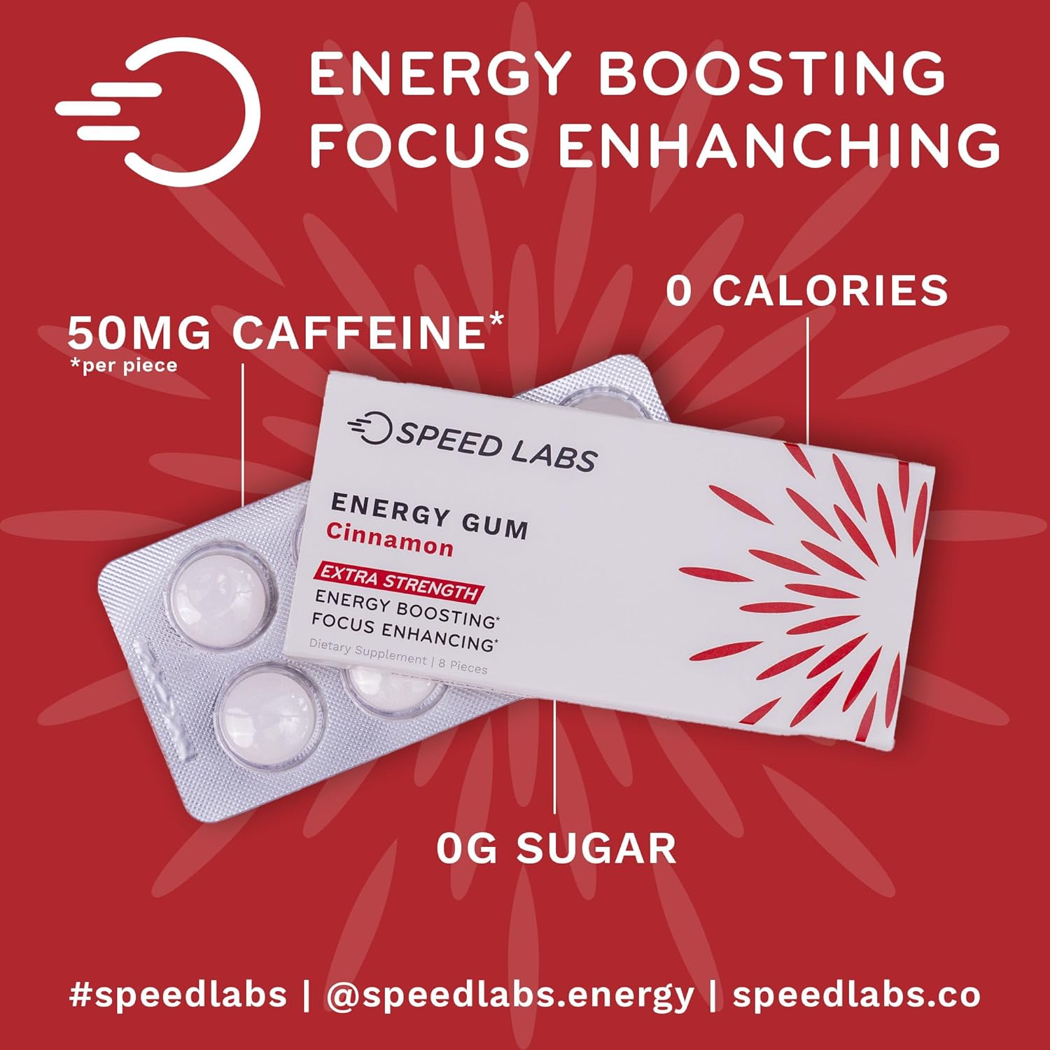 Speed Labs Cinnamon Extra Strength Caffeine Chewing Gum - 50mg Caffeine, Taurine, B Vitamins - Sugar Free, Zero Calorie - 48 Pieces