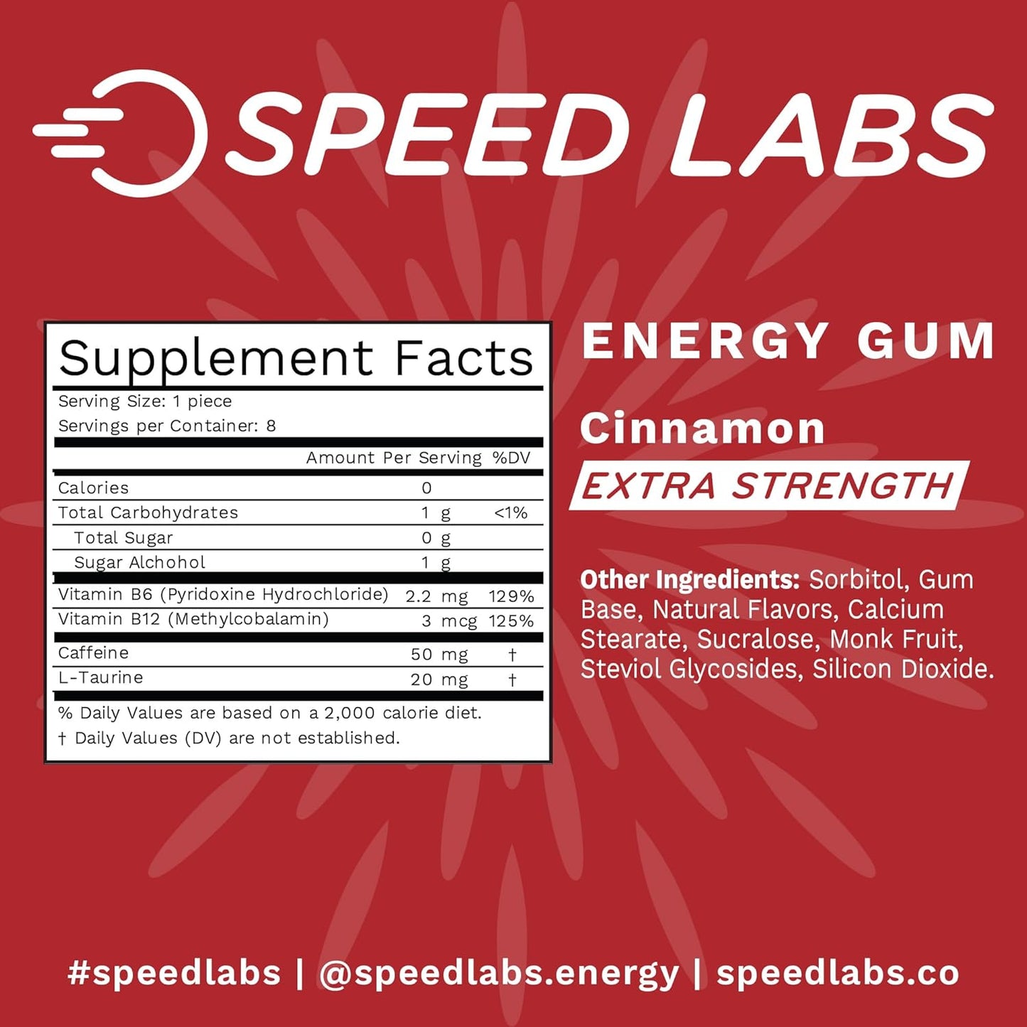 Speed Labs Cinnamon Extra Strength Caffeine Chewing Gum - 50mg Caffeine, Taurine, B Vitamins - Sugar Free, Zero Calorie - 48 Pieces
