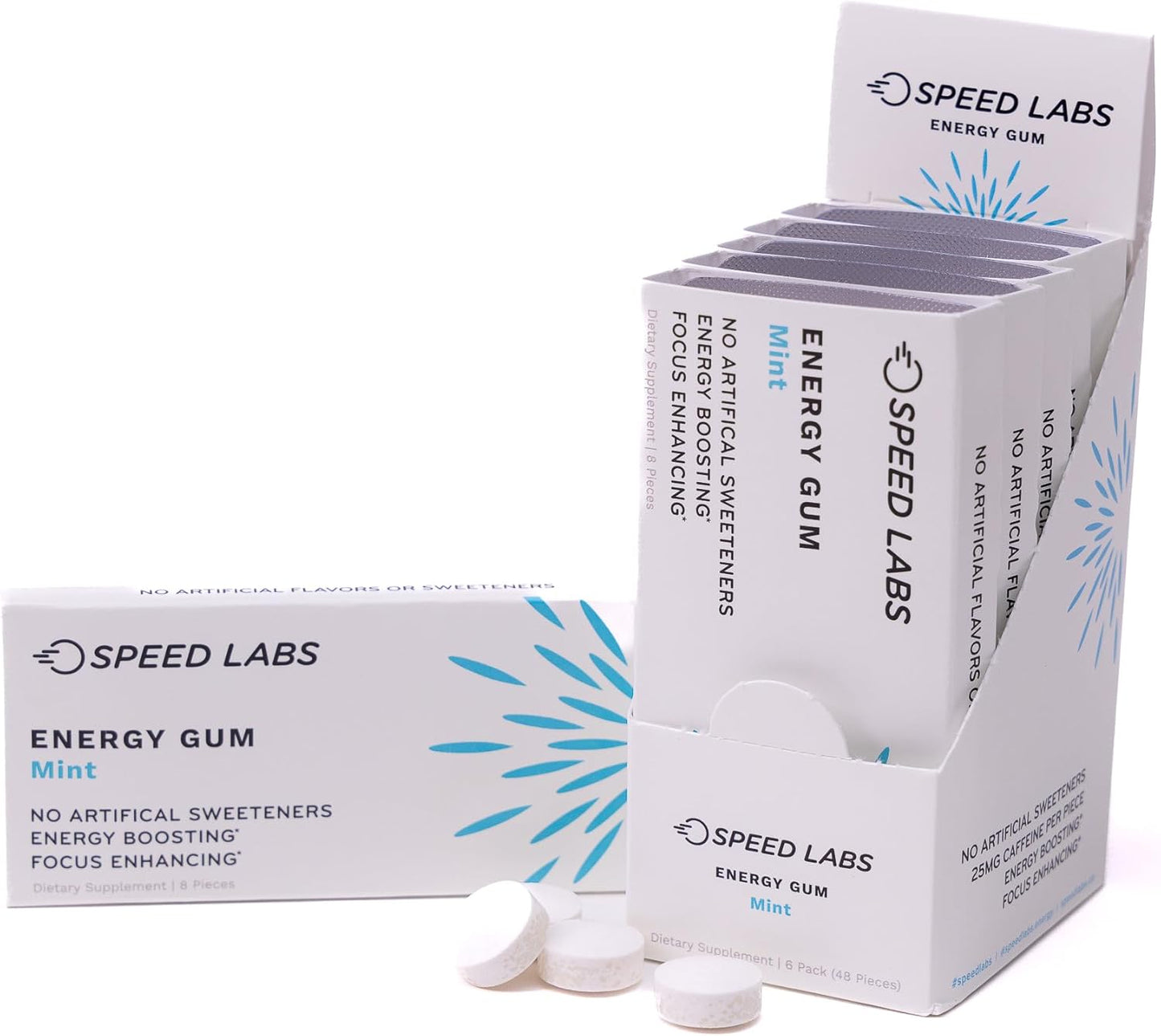 Speed Labs Mint Natural Caffeine Energy Gum - 25mg Caffeine, Taurine, B Vitamins - 48 Pieces (6 Packs) - Sugar Free, Zero Calories - Gluten Free