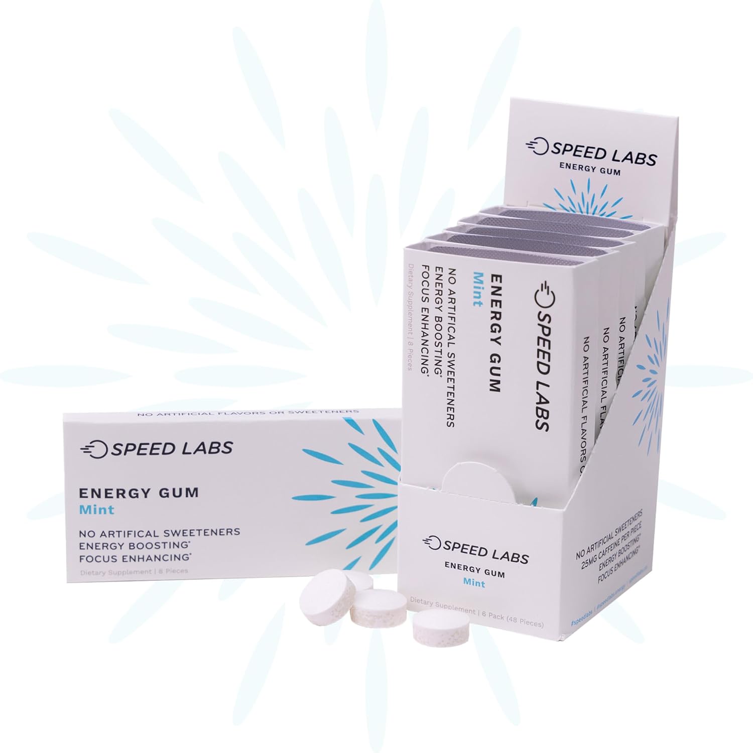 Speed Labs Mint Natural Caffeine Energy Gum - 25mg Caffeine, Taurine, B Vitamins - 48 Pieces (6 Packs) - Sugar Free, Zero Calories - Gluten Free