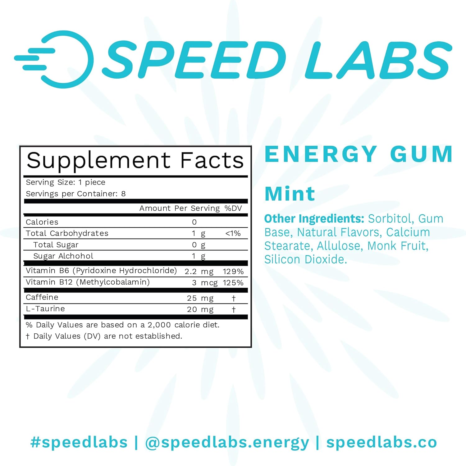 Speed Labs Mint Natural Caffeine Energy Gum - 25mg Caffeine, Taurine, B Vitamins - 48 Pieces (6 Packs) - Sugar Free, Zero Calories - Gluten Free