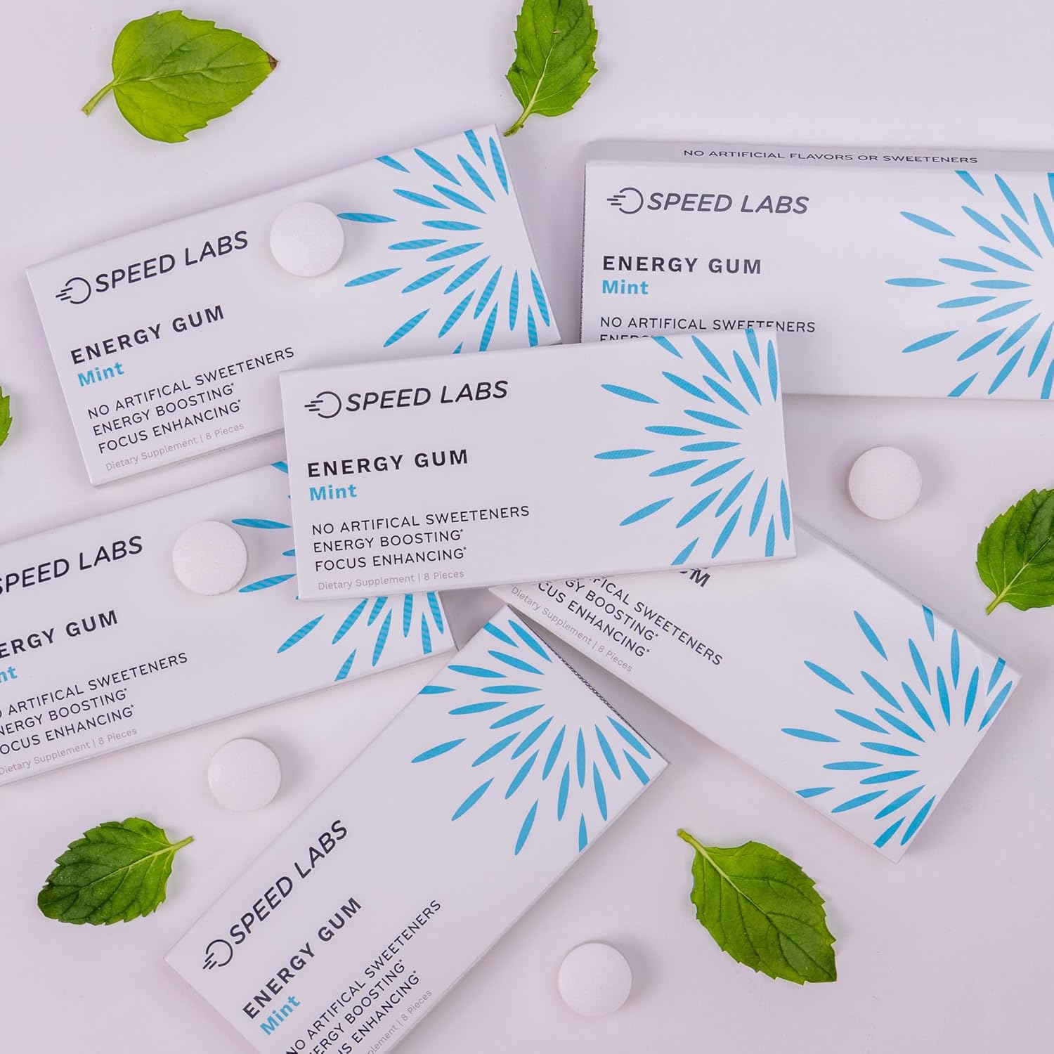 Speed Labs Mint Natural Caffeine Energy Gum - 25mg Caffeine, Taurine, B Vitamins - 48 Pieces (6 Packs) - Sugar Free, Zero Calories - Gluten Free