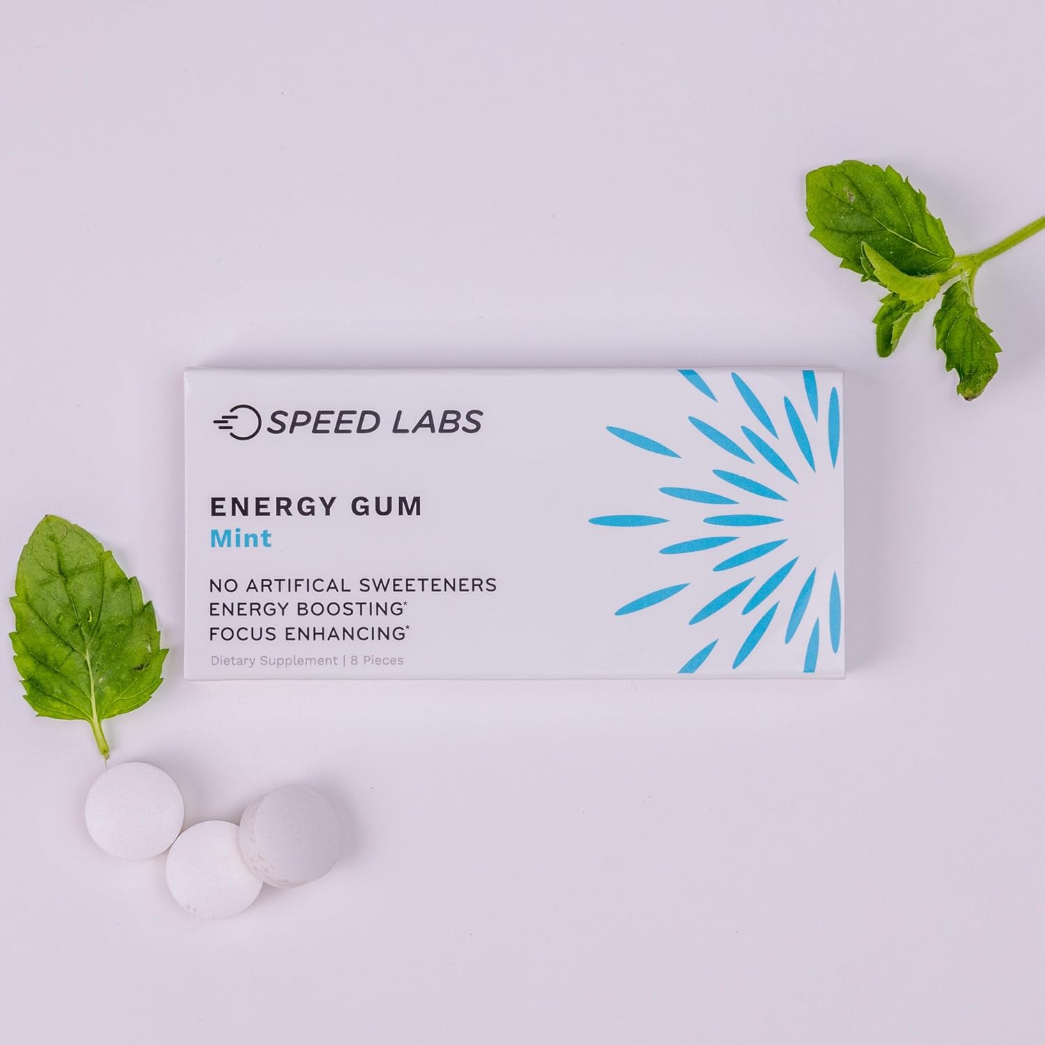 Speed Labs Mint Natural Caffeine Energy Gum - 25mg Caffeine, Taurine, B Vitamins - 48 Pieces (6 Packs) - Sugar Free, Zero Calories - Gluten Free