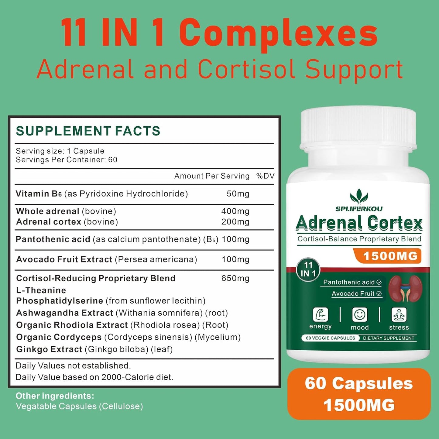 Spliferkou Adrenal Support Supplement with Pantothenic Acid and Ashwagandha - 11-in-1 Formula for Energy, Relaxation, and Healthy Function - 120 Capsules