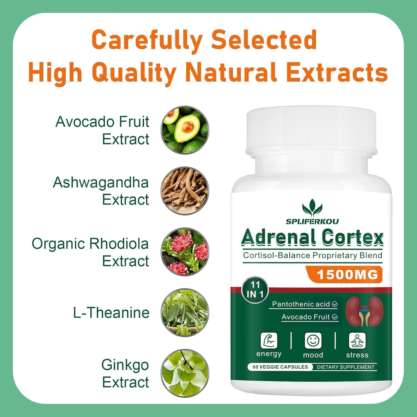 Spliferkou Adrenal Support Supplement with Pantothenic Acid and Ashwagandha - 11-in-1 Formula for Energy, Relaxation, and Healthy Function - 120 Capsules