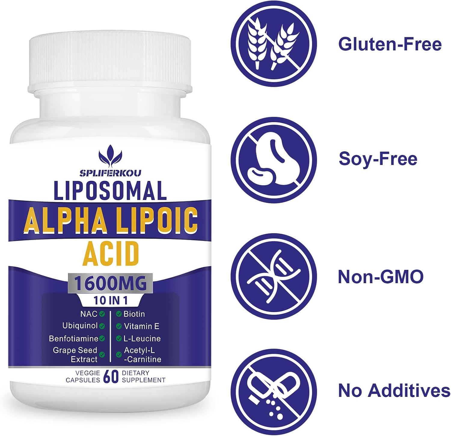 Spliferkou Liposomal Alpha Lipoic Acid 1600mg - Antioxidant Health, Energy, Metabolism - 120 Capsules, Gluten Free & Non GMO