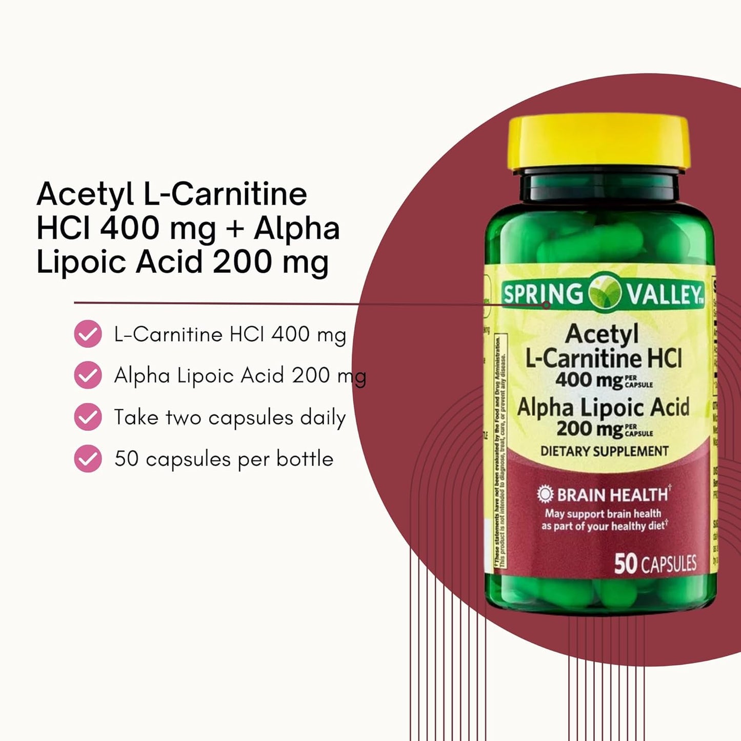 Spring Valley Acetyl L-Carnitine HCI 400 mg + Alpha Lipoic Acid 200 mg Capsules - 50 Count Pack - Venancio's Shop