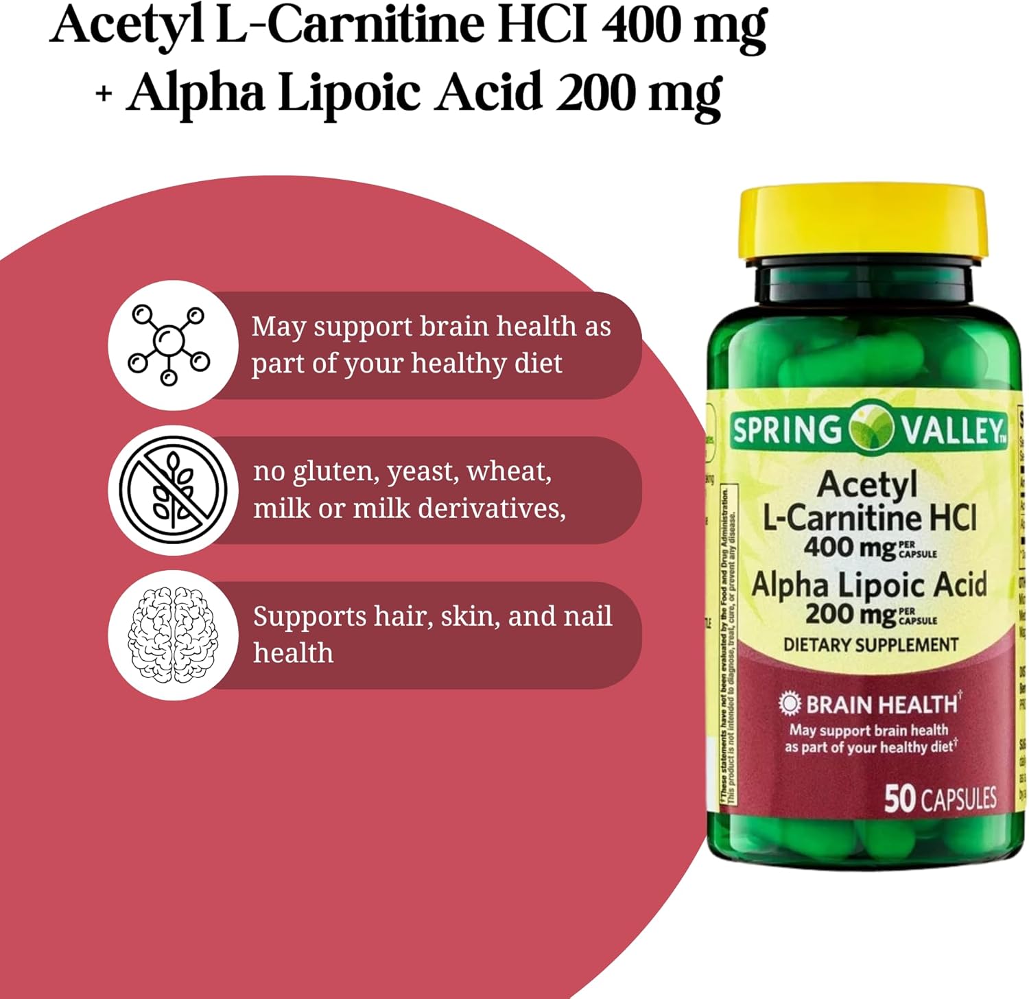 Spring Valley Acetyl L-Carnitine HCI 400 mg + Alpha Lipoic Acid 200 mg Capsules - 50 Count Pack - Venancio's Shop