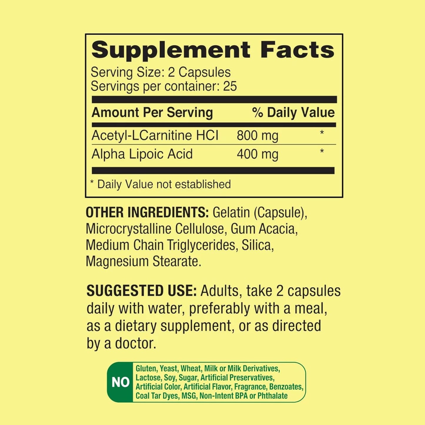 Spring Valley Acetyl L-Carnitine HCI 400 mg + Alpha Lipoic Acid 200 mg Capsules - 50 Count Pack - Venancio's Shop