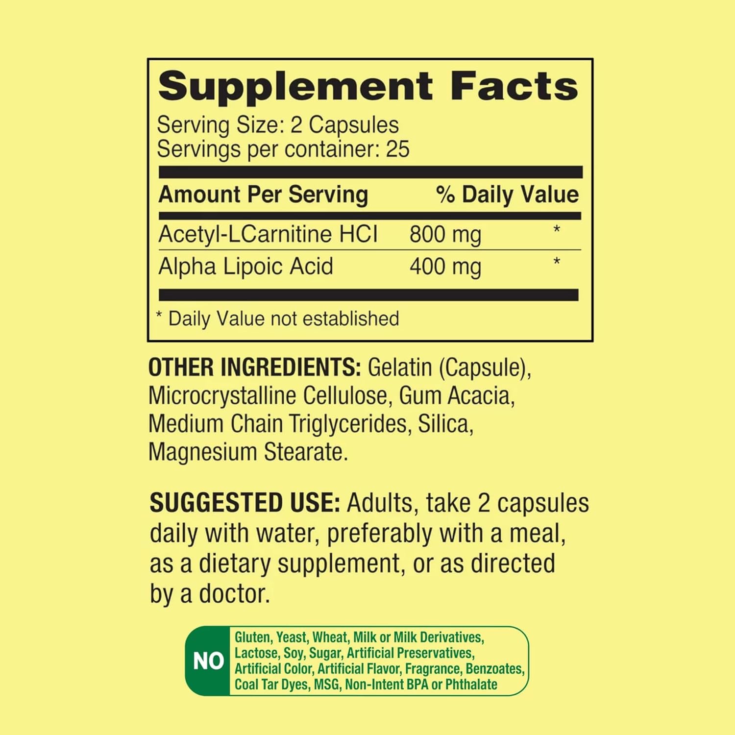 Spring Valley Acetyl L-Carnitine HCI 400 mg + Alpha Lipoic Acid 200 mg Capsules - 50 Count Pack - Venancio's Shop