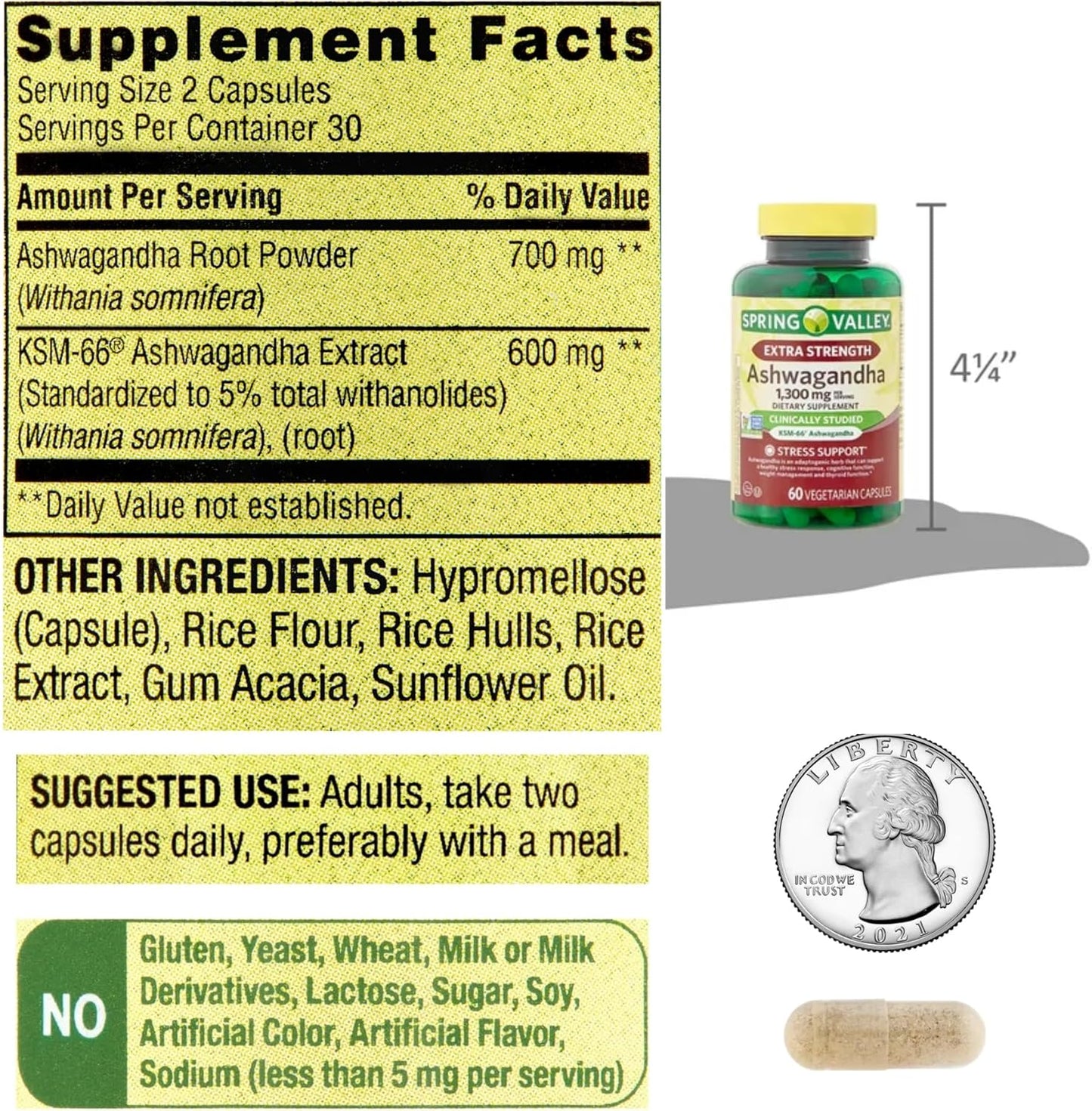 Spring Valley Ashwagandha 1300mg Capsules - Extra Strength Dietary Supplement by Venancio's Shop (60 Pills)