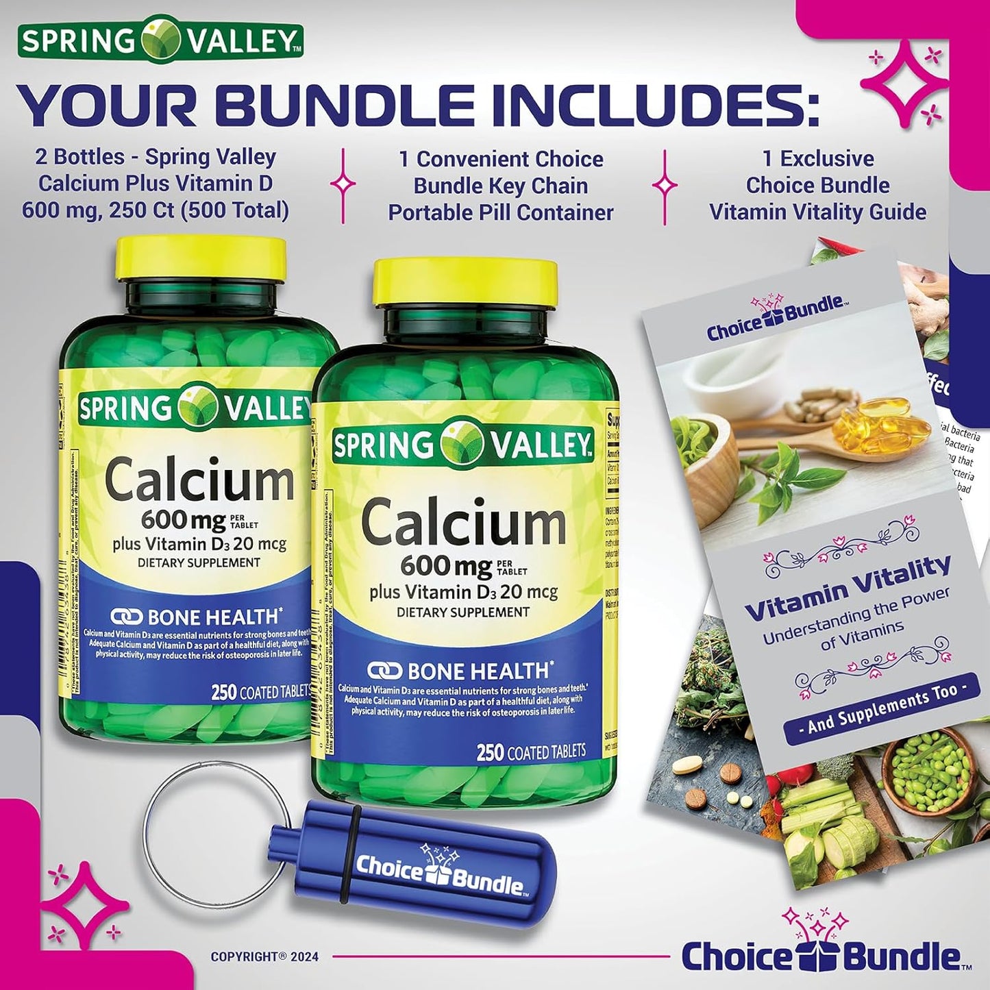 Spring Valley Calcium and Vitamin D Bundle with 500 Tablets, Vitamin Vitality Guide, and Pill Container - 2 Pack of 250 Ct Bottles