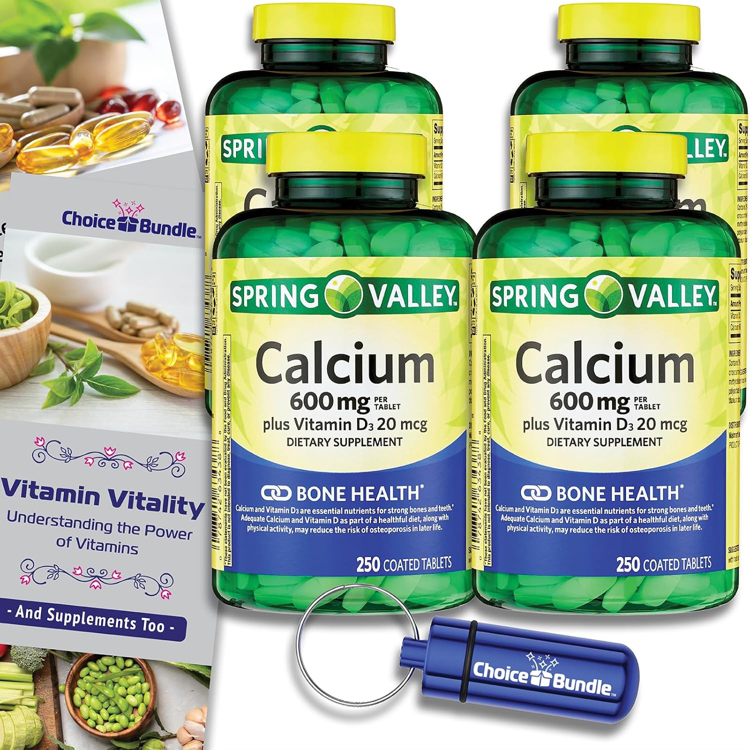 Spring Valley Calcium and Vitamin D Tablets 600 mg 250 Ct Bundle with Guide and Pill Container