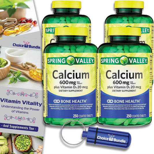 Spring Valley Calcium and Vitamin D Tablets 600 mg 250 Ct Bundle with Guide and Pill Container