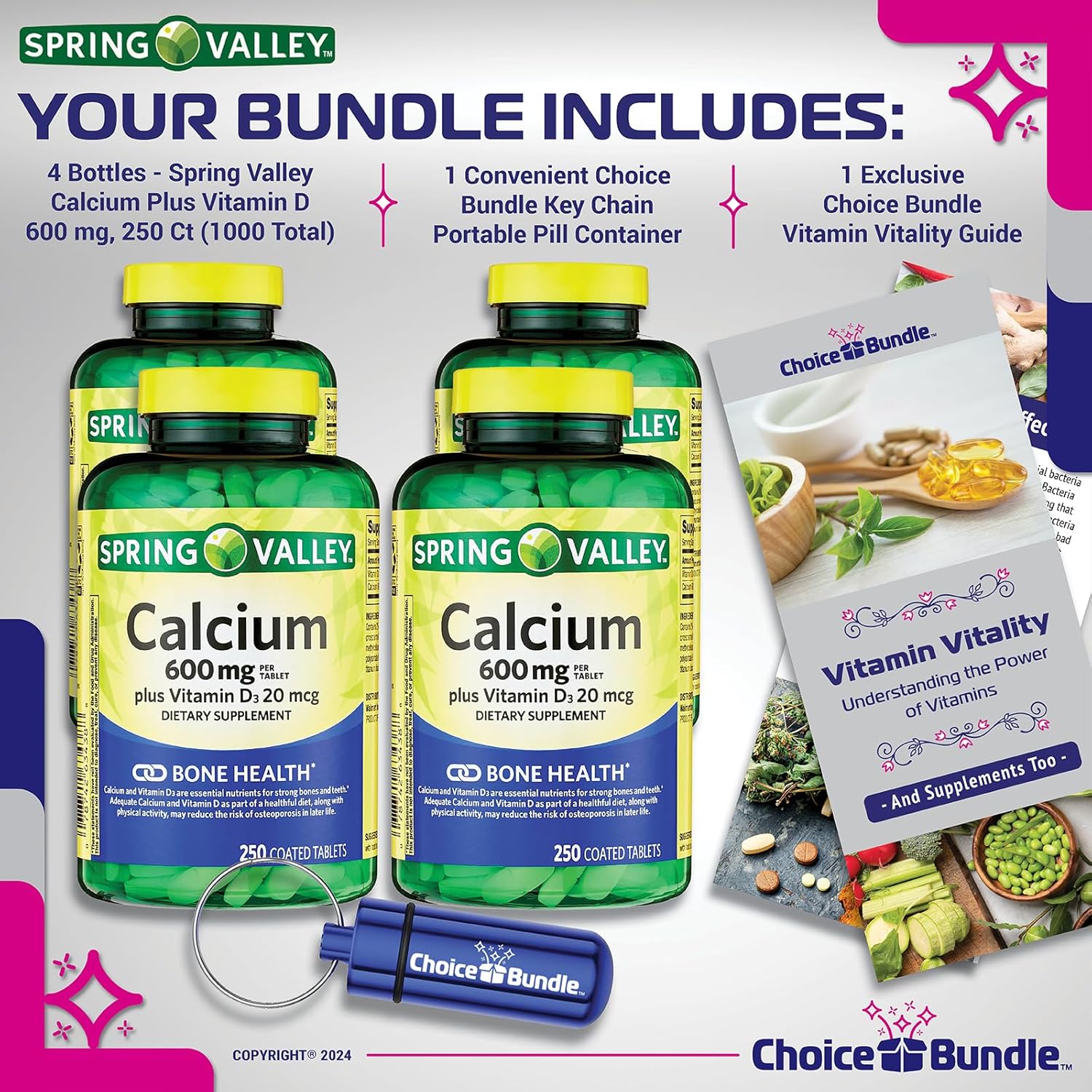 Spring Valley Calcium and Vitamin D Tablets 600 mg 250 Ct Bundle with Guide and Pill Container