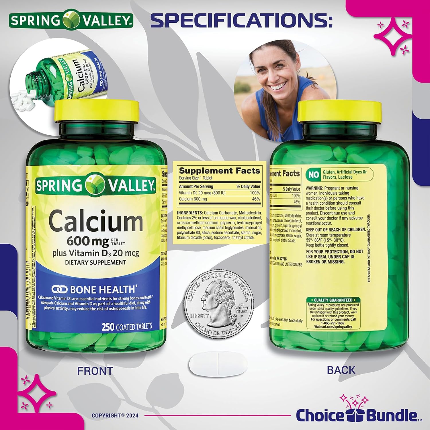 Spring Valley Calcium and Vitamin D Tablets 600 mg 250 Ct Bundle with Guide and Pill Container
