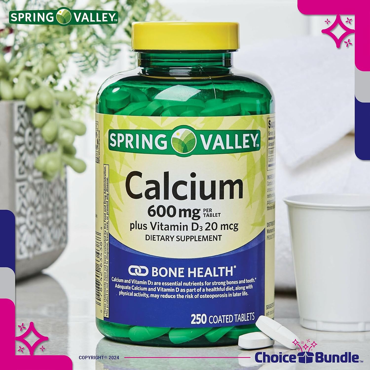 Spring Valley Calcium and Vitamin D Tablets 600 mg 250 Ct Bundle with Guide and Pill Container