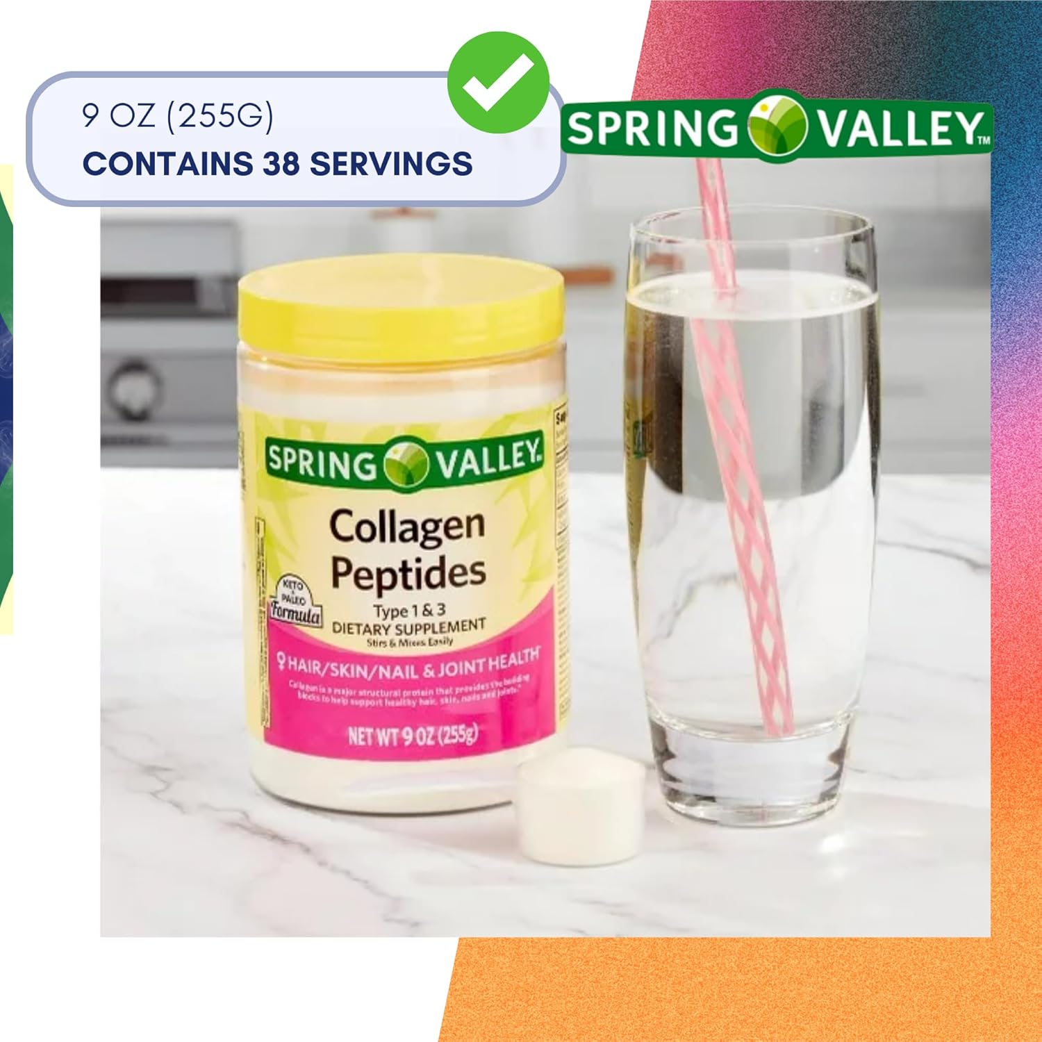 Spring Valley Collagen Peptides Powder 255g - Hydrolyzed Protein for Hair, Skin, and Joints - Type I & III - Keto-Friendly Supplement for Women & Men